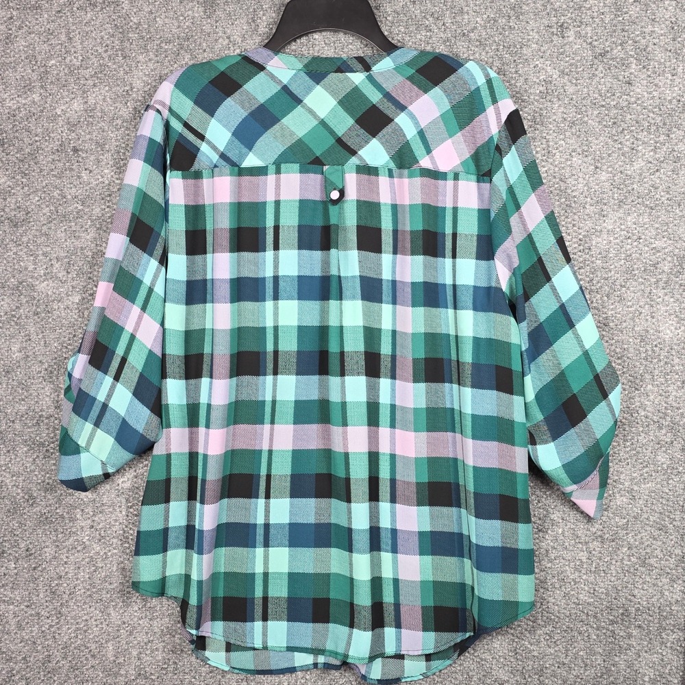 Torrid Womens 2 Harper Pullover Blouse Green Purple Plaid Roll Tab Sleeve - Picture 5 of 8